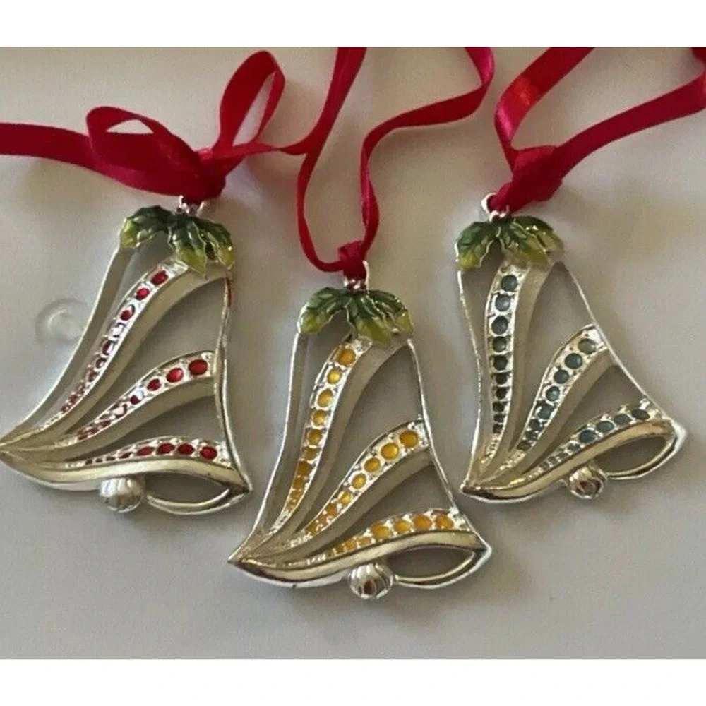 Gorham Silver Bells Red‎ Blue Yellow Christmas Ornaments -All three